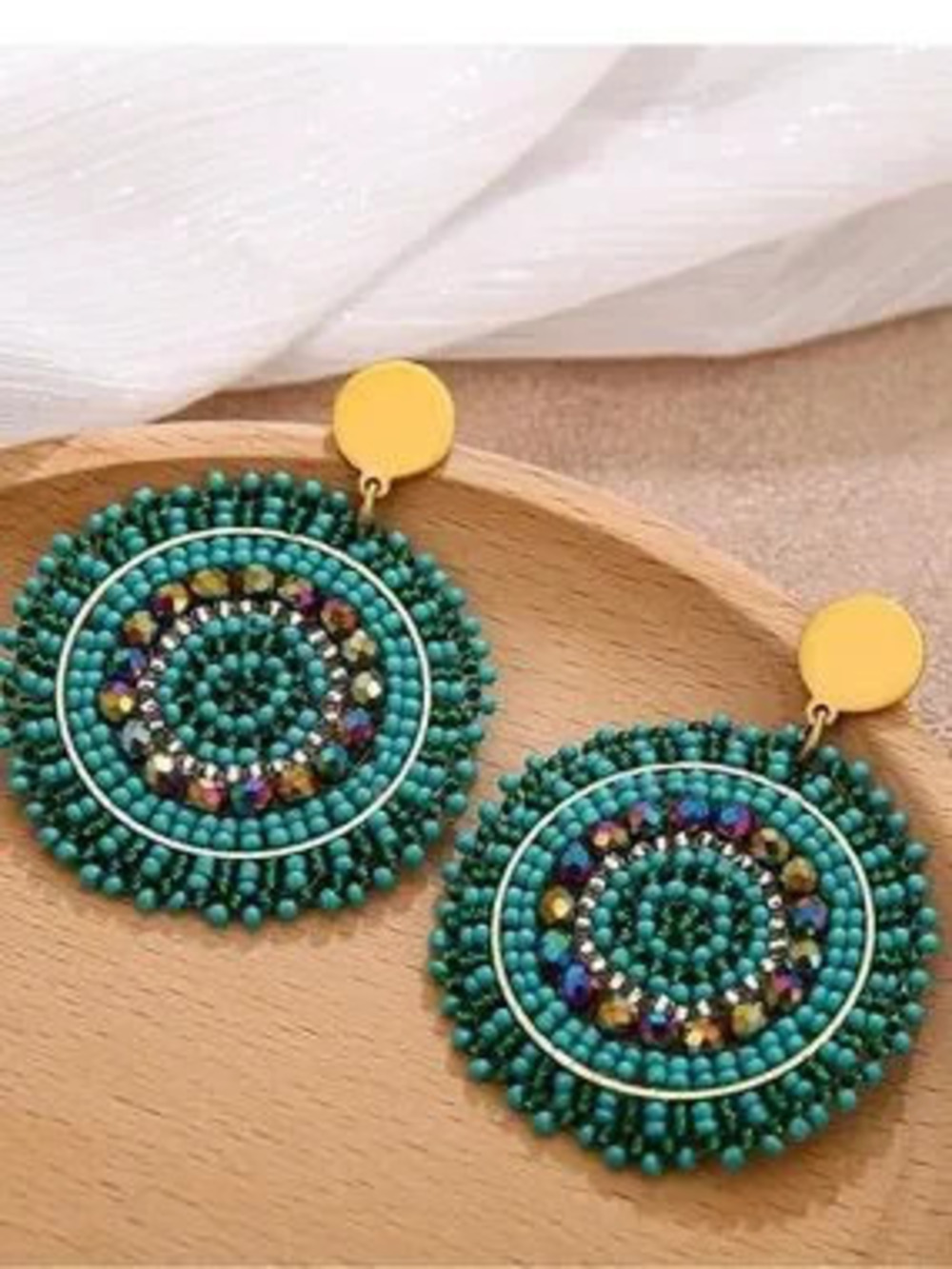 Anthropologie Turquoise Beaded Hoop Drop Earrings with Gold Accents